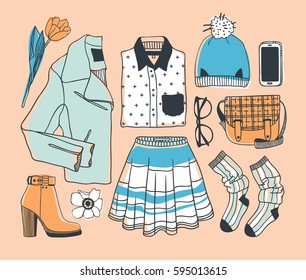 Hand drawn fashion illustration. Creative ink art work. Actual vector drawing spring look. Street wear set: boots, jacket, bag, socks, skirt, hat, shirt, glasses and other