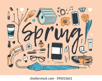 Hand drawn fashion illustration. Creative ink art work. Actual vector spring drawing. Set: coffee, notebook, pen, glasses, phone, cosmetics, flower, umbrella, sock and other