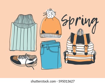 Hand drawn fashion illustration. Creative ink art work. Actual vector drawing spring look. Street wear set: sweater, jeans, sneakers, hat, backpack