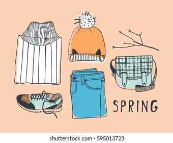 Hand drawn fashion illustration. Creative ink art work. Actual vector drawing spring look. Street wear set: sweater, boots, jeans, sneakers, backpack, jacket, bag, umbrella, socks, skirt and other