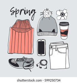 Hand drawn fashion illustration. Creative ink art work. Actual vector drawing spring look. Street wear set: sweater, jeans, sneakers, hat, phone, headphones, coffee, flower