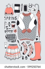 Hand drawn fashion illustration. Creative ink art work. Actual vector drawing spring look. Street wear set: sweater, boots, jeans, sneakers, backpack, jacket, bag, umbrella, socks, skirt and other