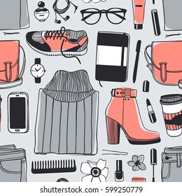 Hand drawn fashion illustration. Creative ink art work. Actual vector drawing spring look. Seamless pattern with casual objects