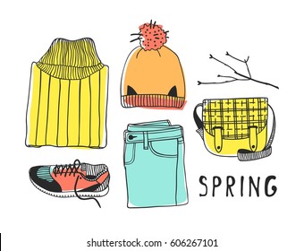 Hand drawn fashion illustration. Creative ink art work. Actual vector drawing spring look. Street wear set: sweater, jeans, sneakers, hat, backpack