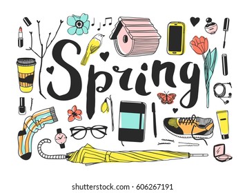 Hand drawn fashion illustration. Creative ink art work. Actual vector spring drawing. Set: coffee, notebook, pen, glasses, phone, cosmetics, flower, umbrella, sock and other