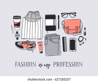 Hand drawn fashion illustration. Creative ink art work. Actual vector drawing street look. Hipster wear set and text