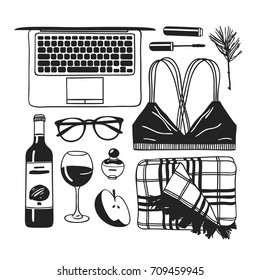 Hand drawn fashion illustration. Creative ink art work. Actual vector mood set: lap top, plaid, glasses, twig, mascara, bottle of wine, glass, perfume, apple, bra