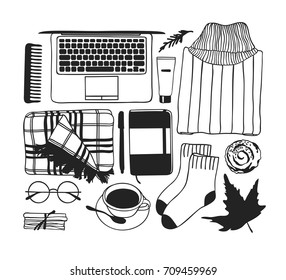 Hand drawn fashion illustration. Creative ink art work. Actual vector mood set: lap top, plaid, glasses, twig, jumper, cream, sketchbook, socks, cup of coffee, leaf, hair comb, bun, cinnamon