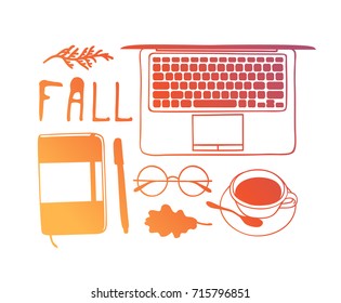 Hand drawn fashion illustration. Creative ink art work. Actual vector mood set: laptop, glasses, sketchbook, pen, cup of coffee