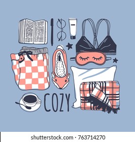 Hand drawn fashion illustration. Creative ink art work. Actual vector drawing. Cozy set: book, glasses, bra, pajamas, plaid, coffee