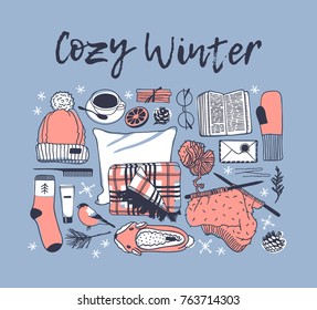 Hand drawn fashion illustration. Creative ink art work. Actual vector drawing. Winter set: hat, plaid, coffee, book, glasses, glove, sock