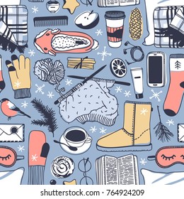 Hand drawn fashion illustration. Creative ink art work. Actual cozy vector drawing. Winter seamless pattern with book, coffee cup, phone, sleep mask, glasses, cinnamon