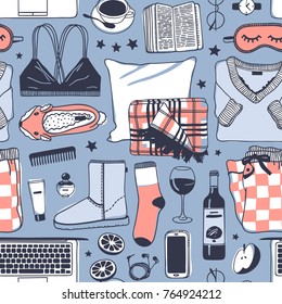 Hand drawn fashion illustration. Creative ink art work. Actual cozy vector drawing. Winter seamless pattern with book, coffee cup, phone, sleep mask, glasses, cinnamon
