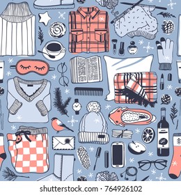 Hand drawn fashion illustration. Creative ink art work. Actual cozy vector drawing. Winter seamless pattern with book, coffee cup, phone, sleep mask, glasses, cinnamon