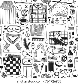 Hand drawn fashion illustration. Creative ink art work. Actual cozy vector drawing. Winter seamless pattern with book, coffee cup, phone, sleep mask, glasses, cinnamon