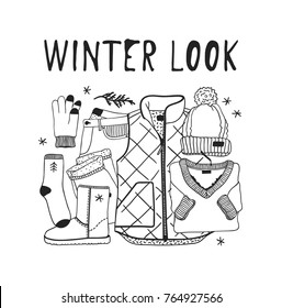 Hand drawn fashion illustration. Creative ink art work. Actual cozy vector drawing. Winter set: blown vest, jeans, hat, shoes, sock, glove, snowflakes