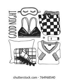 Hand drawn fashion illustration. Creative ink art work. Actual cozy vector drawing. Winter set: pajamas, bra, pillow, plaid, sleeping mask, cream