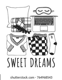 Hand drawn fashion illustration. Creative ink art work. Actual cozy vector drawing. Winter set: pajamas, pillow, plaid, sleeping mask, sock, laptop