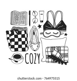 Hand drawn fashion illustration. Creative ink art work. Actual cozy vector drawing. Winter set: pajamas, bra, pillow, plaid, sleeping mask, notebook, pen, glasses, cream, slippers, cup of tea