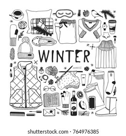 Hand drawn fashion illustration. Creative ink art work. Actual cozy vector drawing. Winter set: wear, shoes, accessories, food, drinks, things