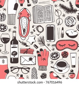 Hand drawn fashion illustration. Creative ink art work. Actual cozy vector drawing. Winter seamless pattern with book, coffee cup, phone, sleep mask, glasses, cinnamon