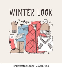Hand drawn fashion illustration. Creative ink art work. Actual cozy vector drawing. Winter set: blown vest, jeans, hat, shoes, sock, glove, snowflakes