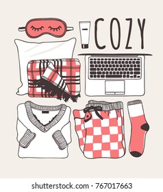 Hand drawn fashion illustration. Creative ink art work. Actual vector drawing. Cozy set: pajamas, mask, plaid, sock, laptop