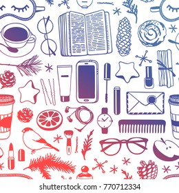 Hand drawn fashion illustration. Creative ink art work. Actual cozy vector drawing. Winter seamless pattern with book, coffee cup, phone, sleep mask, glasses, cinnamon