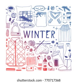Hand drawn fashion illustration. Creative ink art work. Actual cozy vector drawing. Winter set: wear, shoes, accessories, food, drinks, things