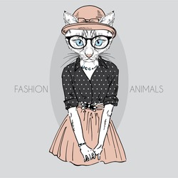 Hand Drawn Fashion Illustration Of Cute Cat Girl In Colors
