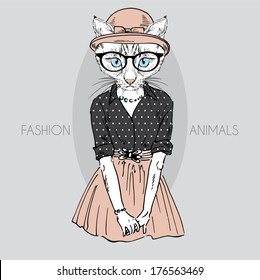 Hand drawn fashion illustration of cute cat girl in colors