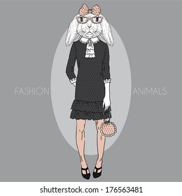 Hand drawn fashion illustration of cute bunny girl in colors