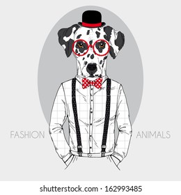 Hand Drawn Fashion Illustration of Dalmatian Hipster in colors