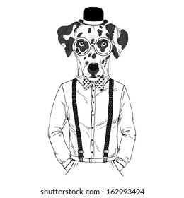 Hand Drawn Fashion Illustration of Dalmatian Hipster in one color isolated on white