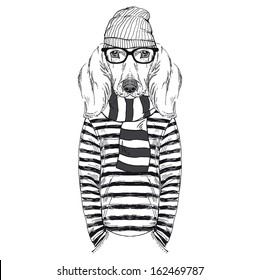 Hand Drawn Fashion Illustration of Doggy Hipster in one color isolated on white