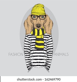 Hand Drawn Fashion Illustration of Doggy Hipster in colors