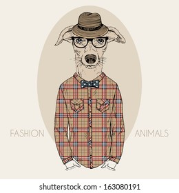 Hand Drawn Fashion Illustration of Doggy Hipster in colors