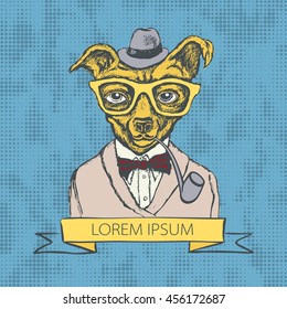 Hand Drawn Fashion Illustration of Doggy Hipster in colors vector art