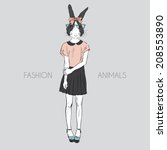 Hand drawn fashion illustration of dressed up bunny hipster