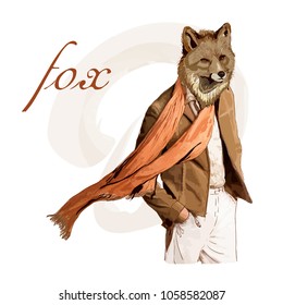 Hand drawn fashion illustration of dressed up fox in colors