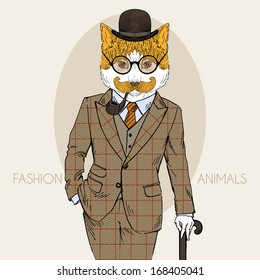 Hand Drawn Fashion Illustration of dressed up cat, in colors