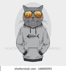 Hand Drawn Fashion Illustration of dressed up cat, City Look, in colors