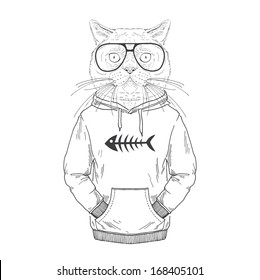 Hand Drawn Fashion Illustration of dressed up cat, City Look, sketch isolated on white