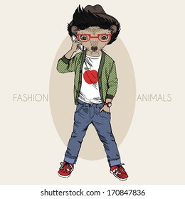 Hand drawn fashion illustration of dressed up hedgehog