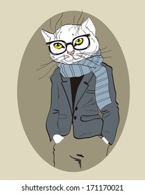 Hand Drawn  Fashion Illustration of dressed up cat, in colors