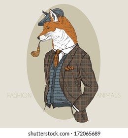 Hand drawn fashion illustration of dressed up fox in colors