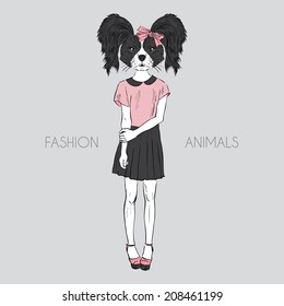 Hand drawn fashion illustration of dressed up doggy hipster girl