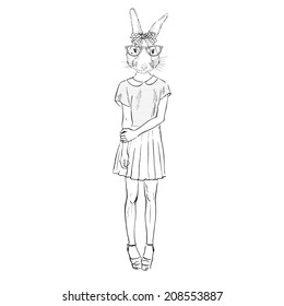 Hand drawn fashion illustration of dressed up bunny hipster