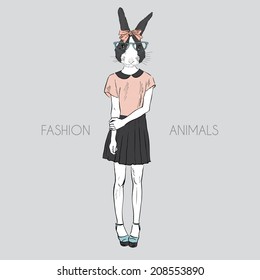 Hand drawn fashion illustration of dressed up bunny hipster