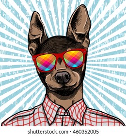 Hand Drawn Fashion Illustration of dressed up english Toy Terrier, in colors. Vector